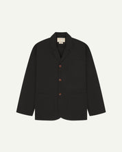 Front view of black blazer and 3 patch pockets from Uskees.