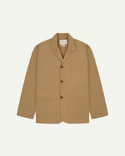 Front flat shot of uskees men's khaki organic cotton men's jacket showing front button fastening and pockets
