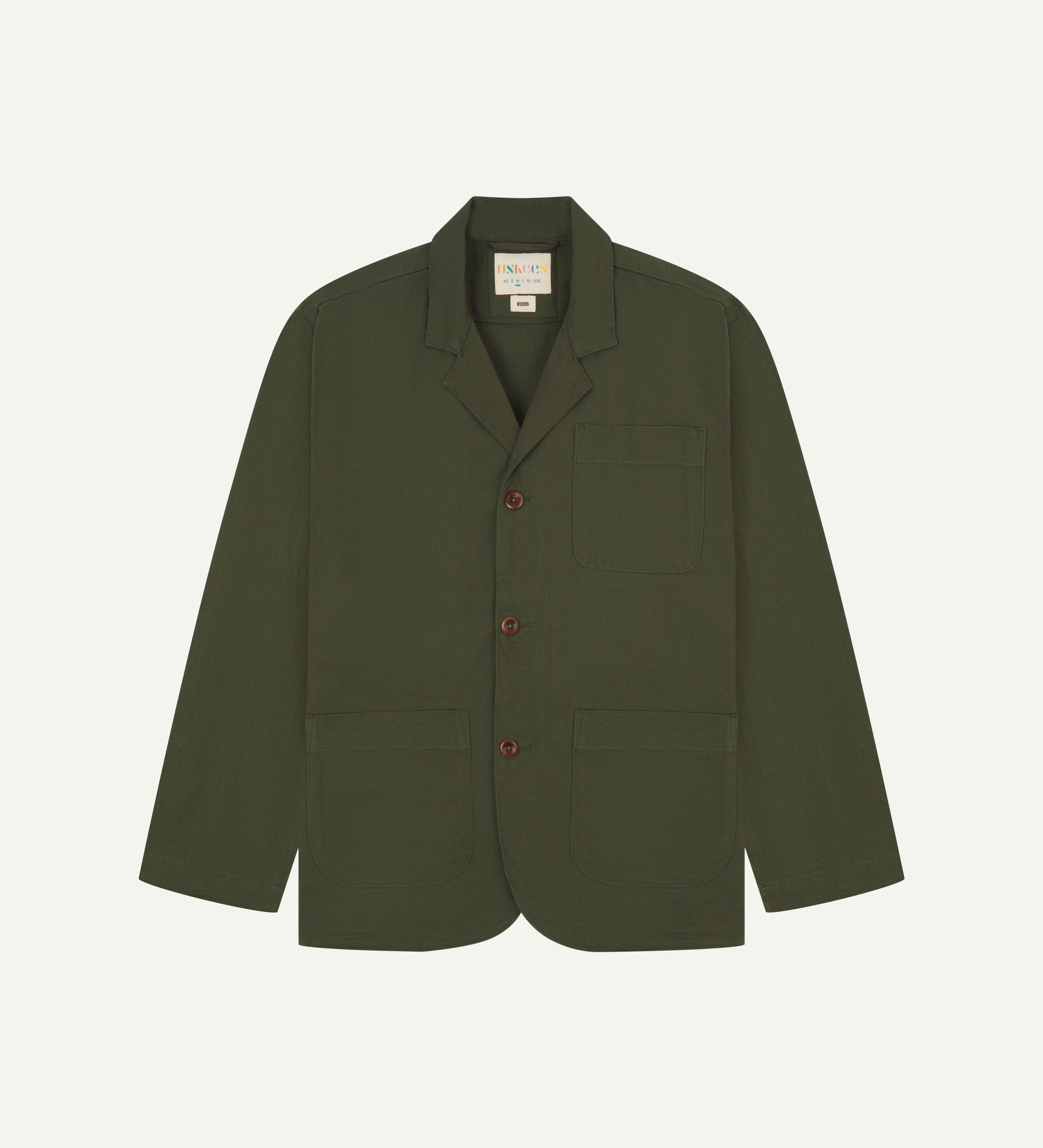 Front view of vine green blazer with 3 patch pockets from Uskees.