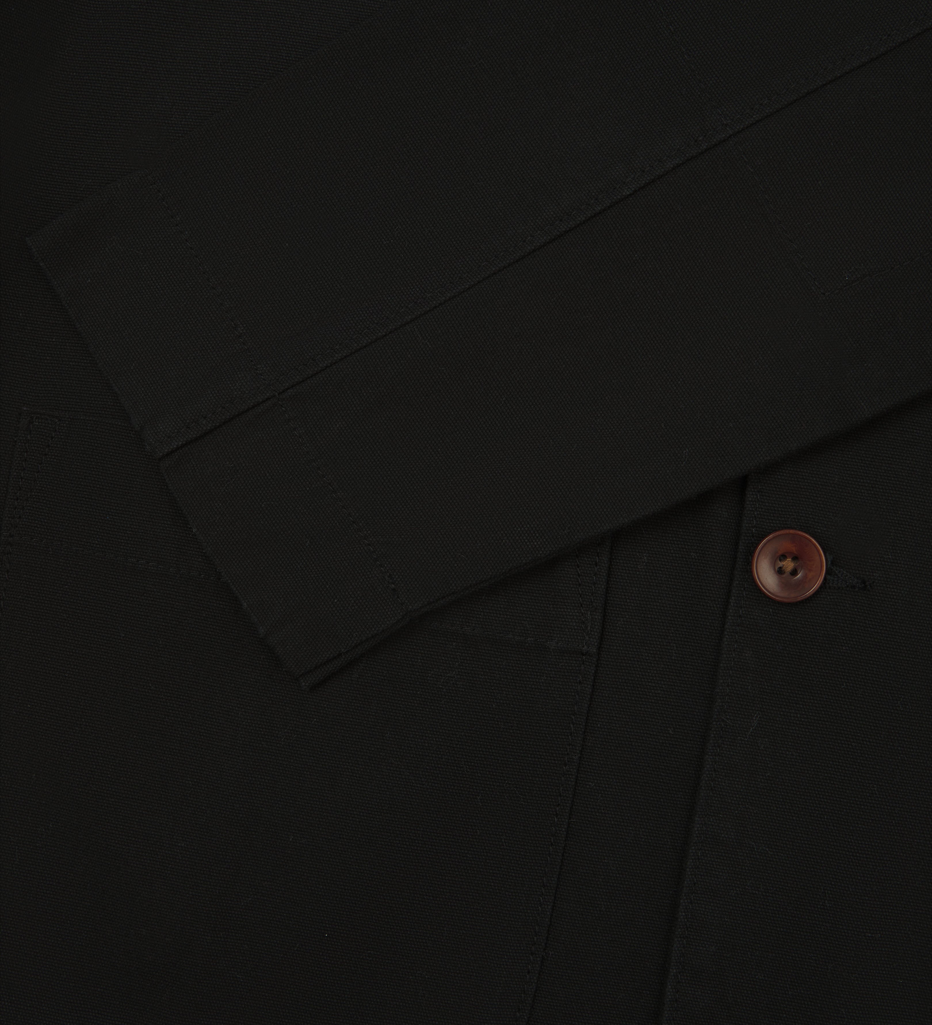Close up view of uskees 3006 black blazer showing sleeve and corozo button fastening.