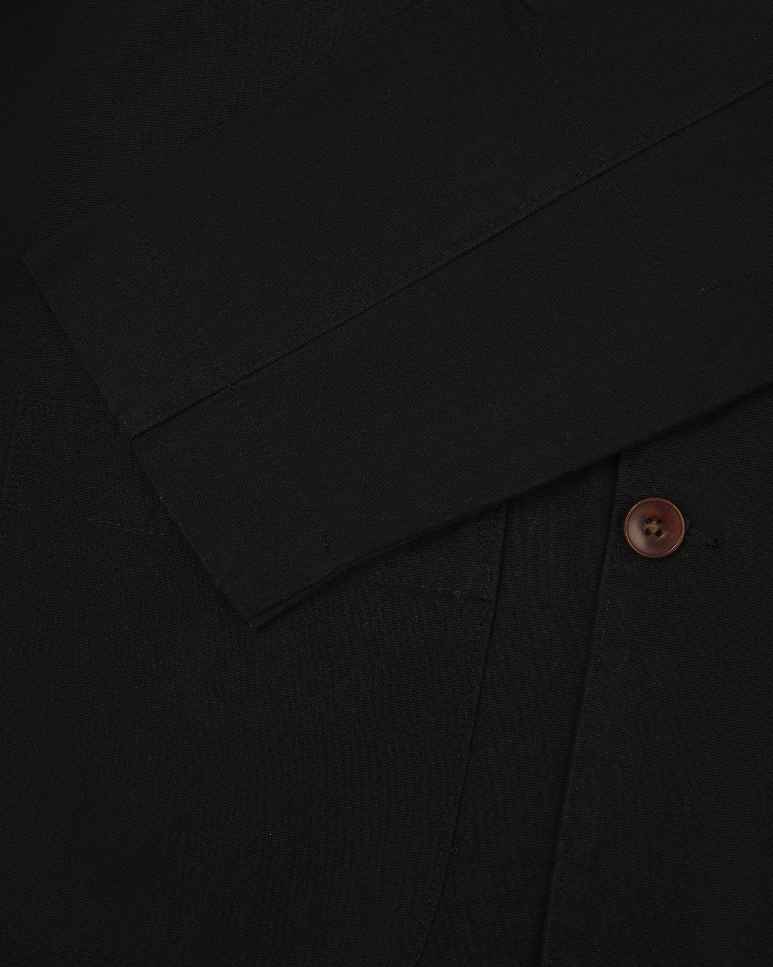 Close up view of uskees 3006 black blazer showing sleeve and corozo button fastening.