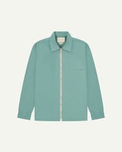flat front shot of uskees zip front lightweight men's jacket in eucalyptus green showing the brand/size label