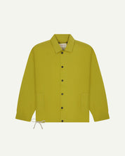 Front flat view of Uskees pear coloured organic cotton coach jacket with 2 patch pockets.
