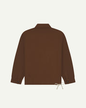 Back flat view of Uskees chocolate-brown organic cotton coach jacket.