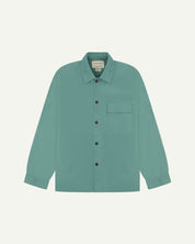 front flat shot of eucalyptus green uskees lightweight shirt with popper front fastening