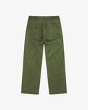 Full-length back view of Uskees 5005 twill workwear pants in coriander-green showing belt loops, back pockets (one with flap) and simple silhouette.