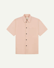 front flat shot of uskees dusty pink men's short sleeve shirt with short sleeves showing black popper fastenings