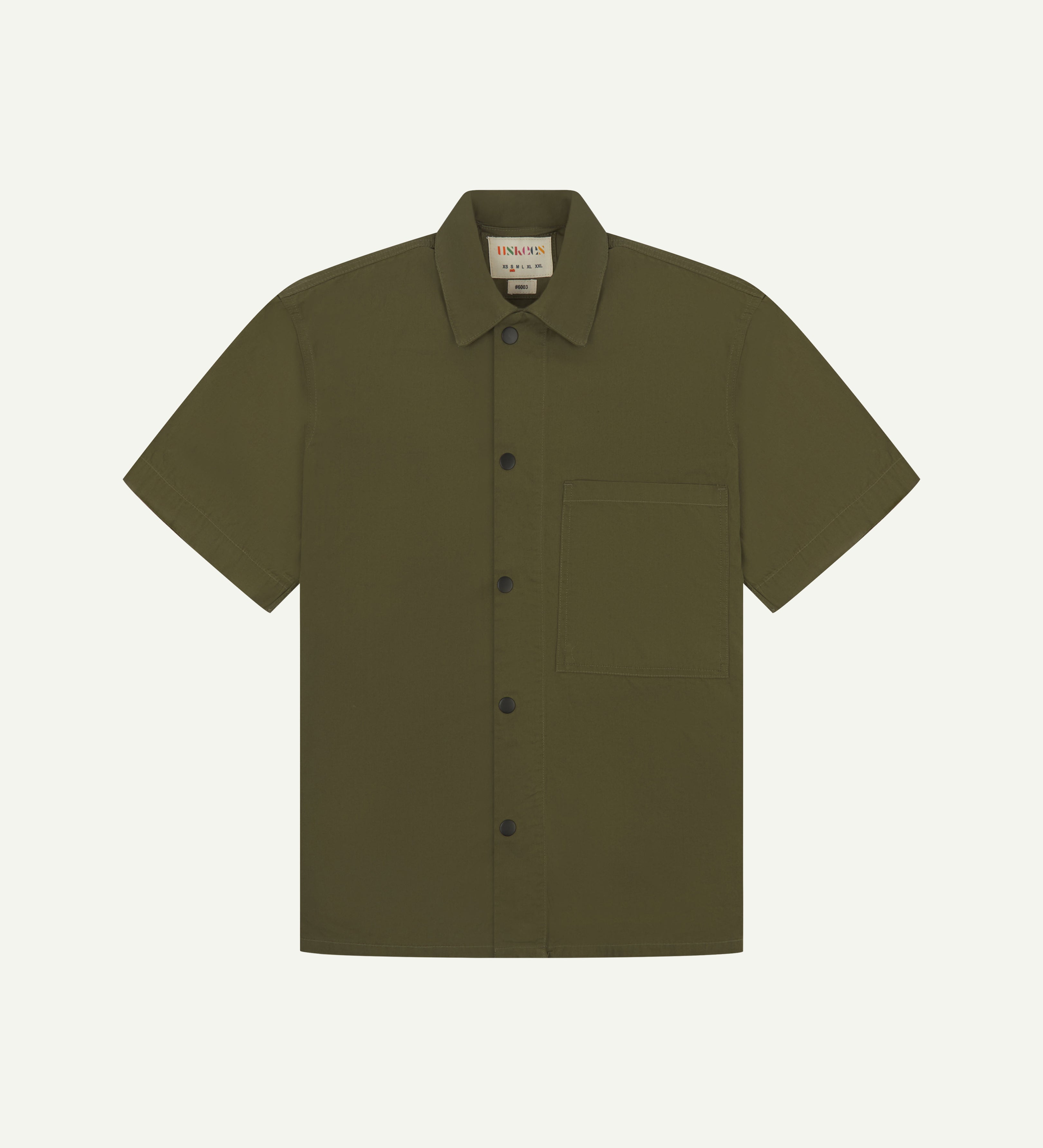  front flat shot of uskees olive green men's short sleeve shirt with short sleeves showing black popper fastenings