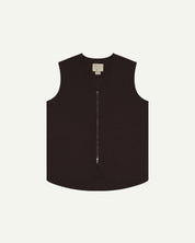 Dark plum buttoned organic cotton-drill vest from Uskees showing clear view of curved patch pockets and branding label.