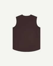 Full-length reverse view of Uskees #3036 burgundy-brown organic cotton-drill vest.