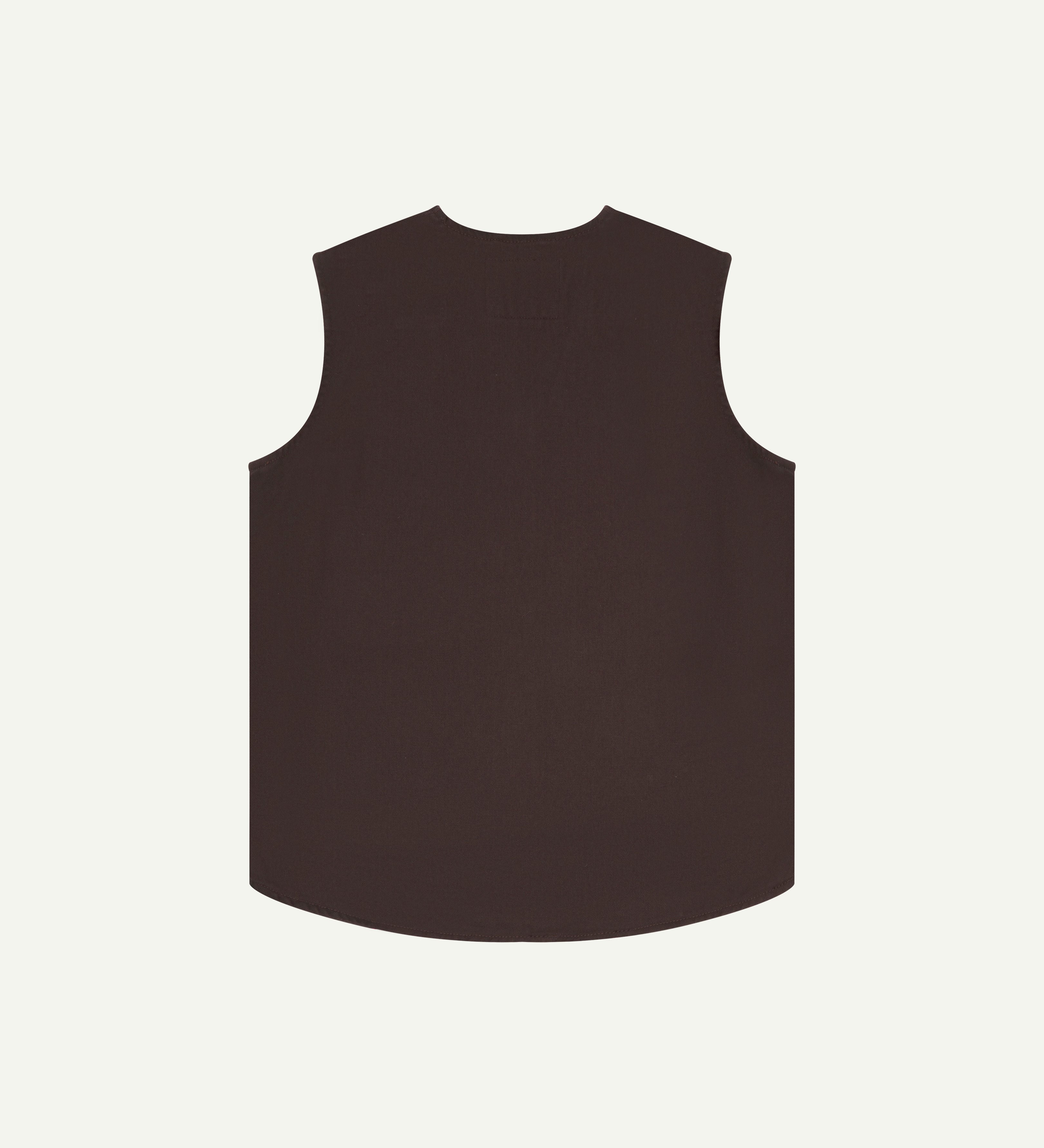 Full-length reverse view of Uskees #3036 burgundy-brown organic cotton-drill vest.