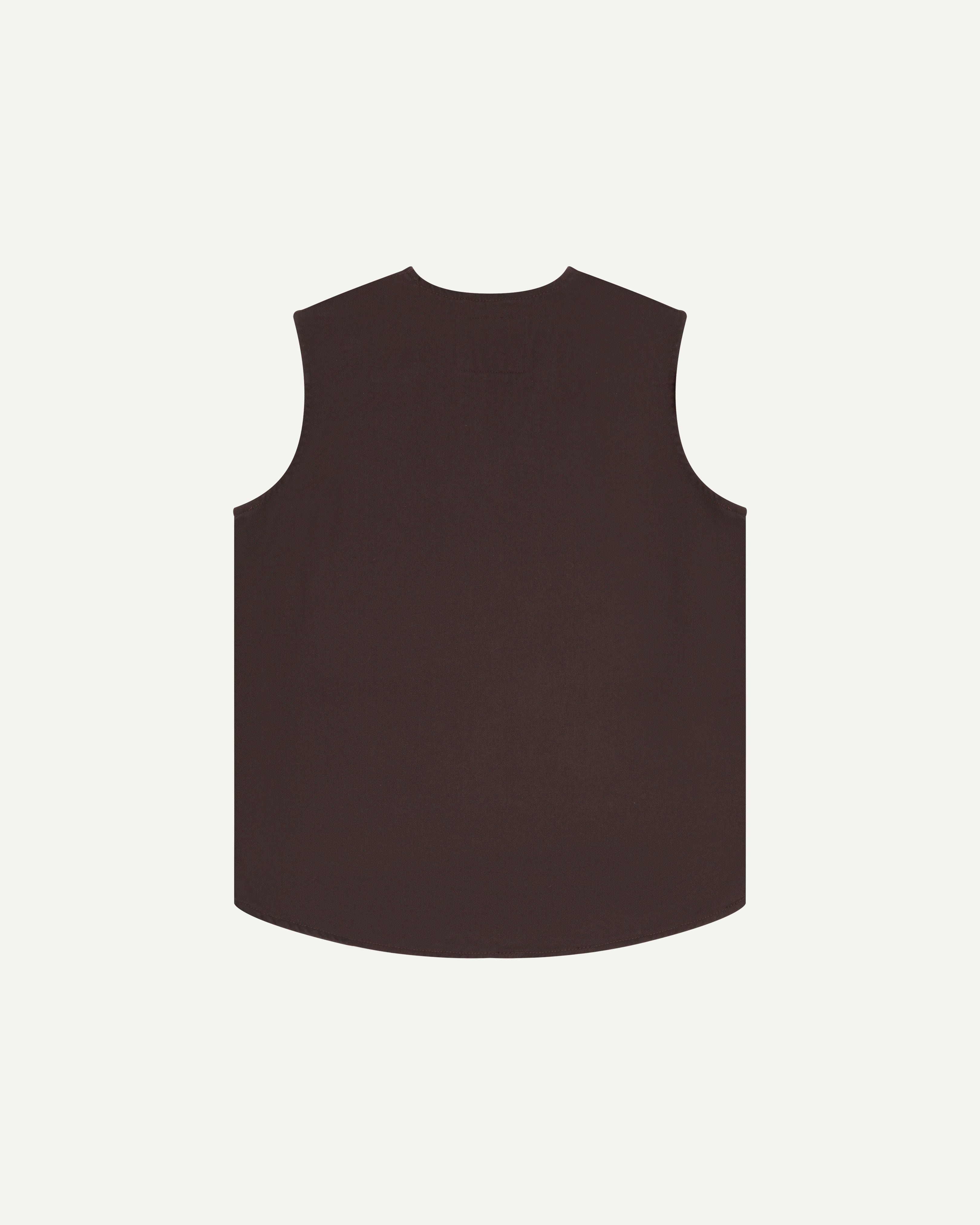 Full-length reverse view of Uskees #3036 burgundy-brown organic cotton-drill vest.