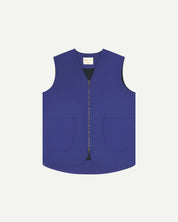 Ultra Blue buttoned organic cotton-drill vest from Uskees showing clear view of curved patch pockets and branding label.