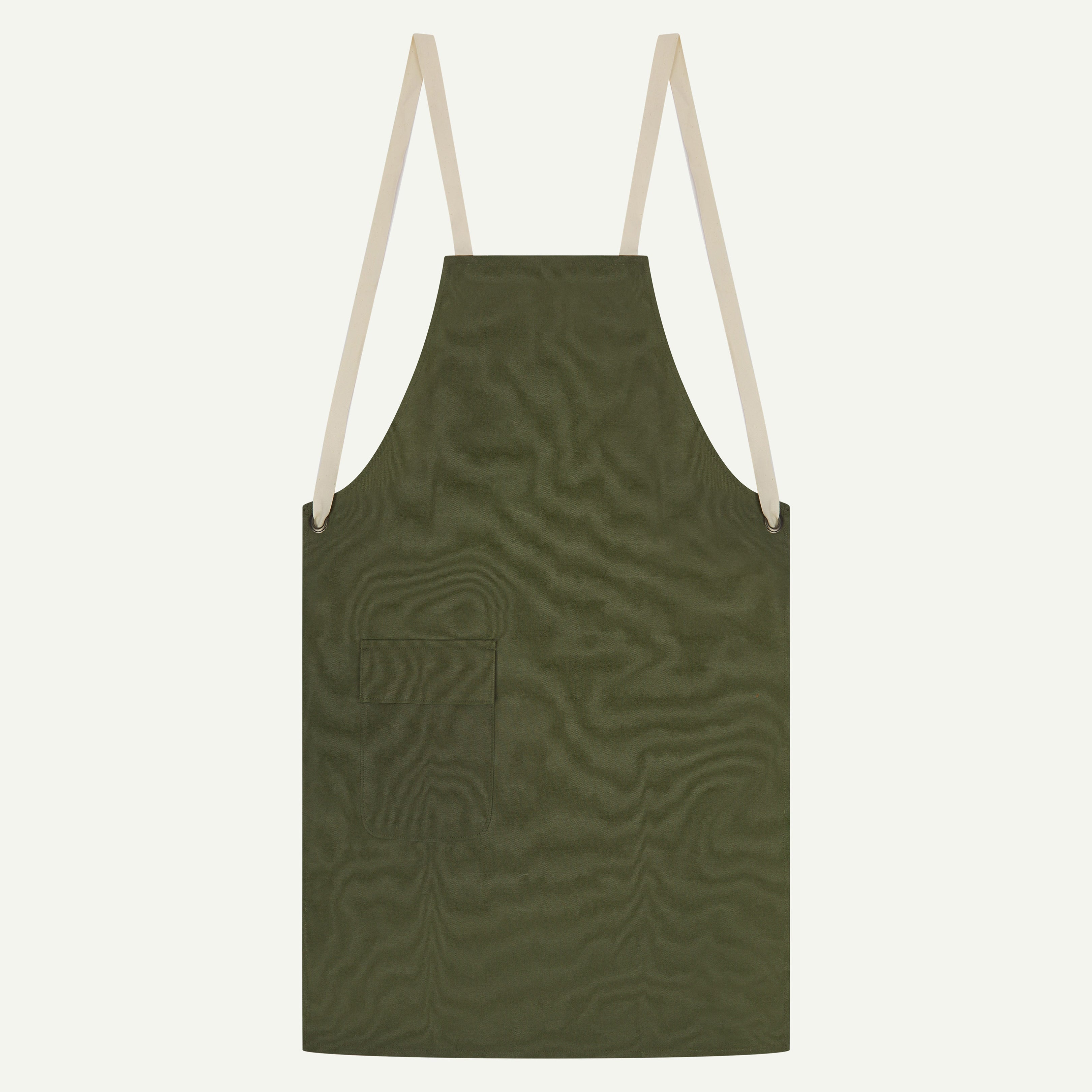 Flat shot of uskees green canvas apron showing cream straps and front flap pocket