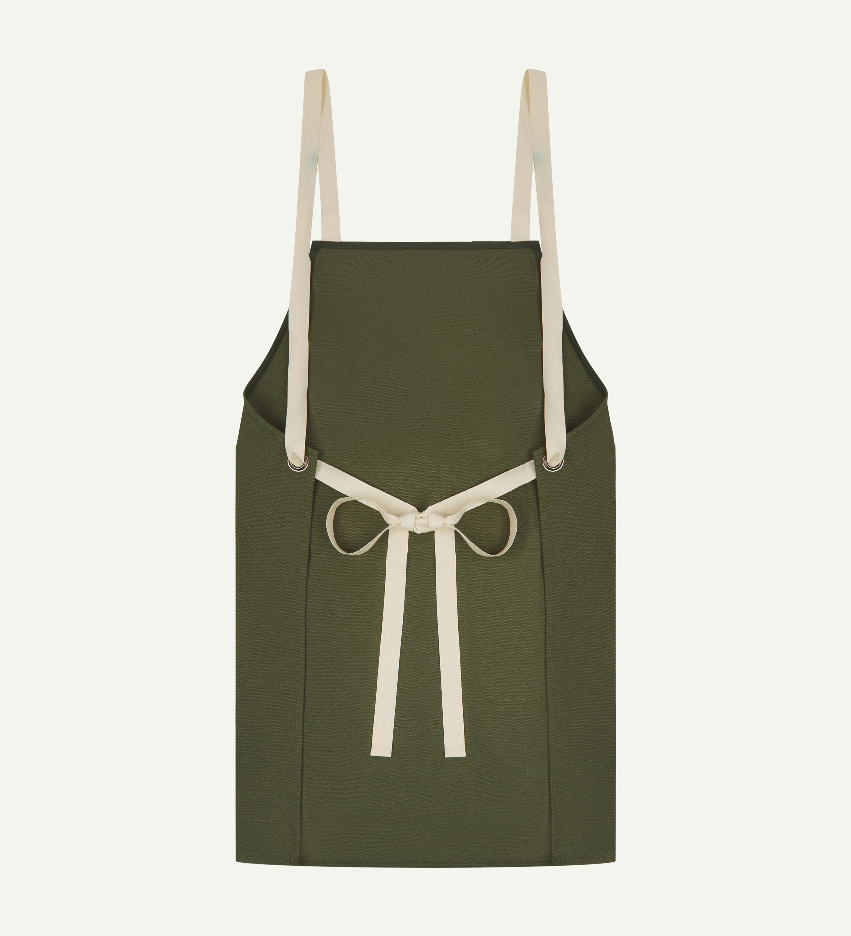 Back flat shot of uskees unisex green canvas apron showing adjustable cream straps 