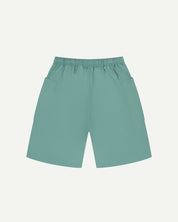 Back view of eucalyptus green organic cotton #5015 lightweight cotton shorts by Uskees. Clear view of elasticated waist .
