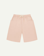 Front view of dusty pink organic cotton #5015 lightweight cotton shorts by Uskees. Clear view of elasticated waist and deep front pockets.