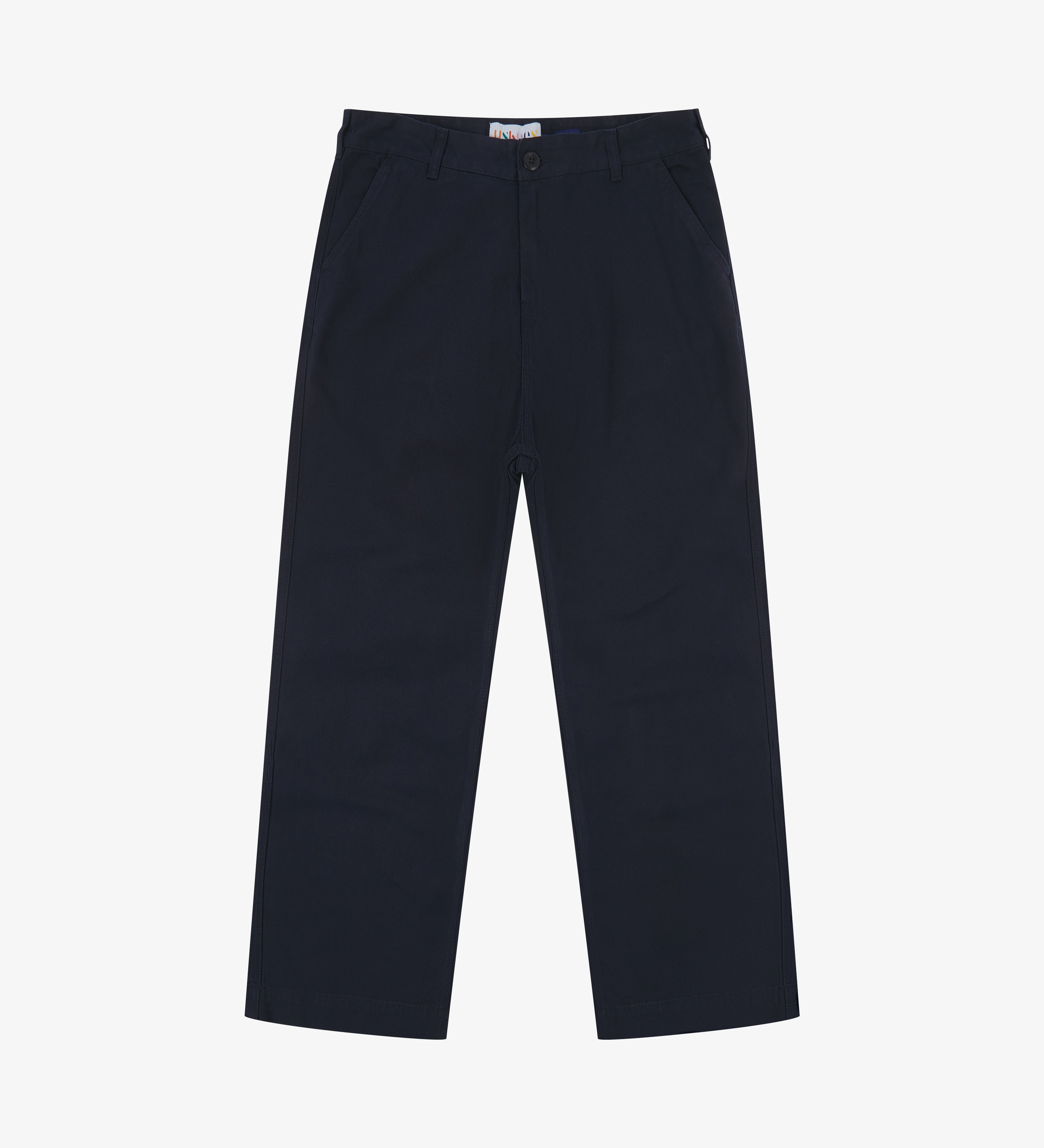 Front flat view of 5016 Uskees men's organic twill midnight blue 'commuter' trousers showing the reinforced inseam and straight leg silhouette.