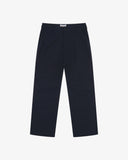 Front flat view of 5016 Uskees men's organic twill midnight blue 'commuter' trousers showing the reinforced inseam and straight leg silhouette.