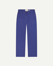 Flat shot of uskees ultra blue drill trousers for men showing label at waistband