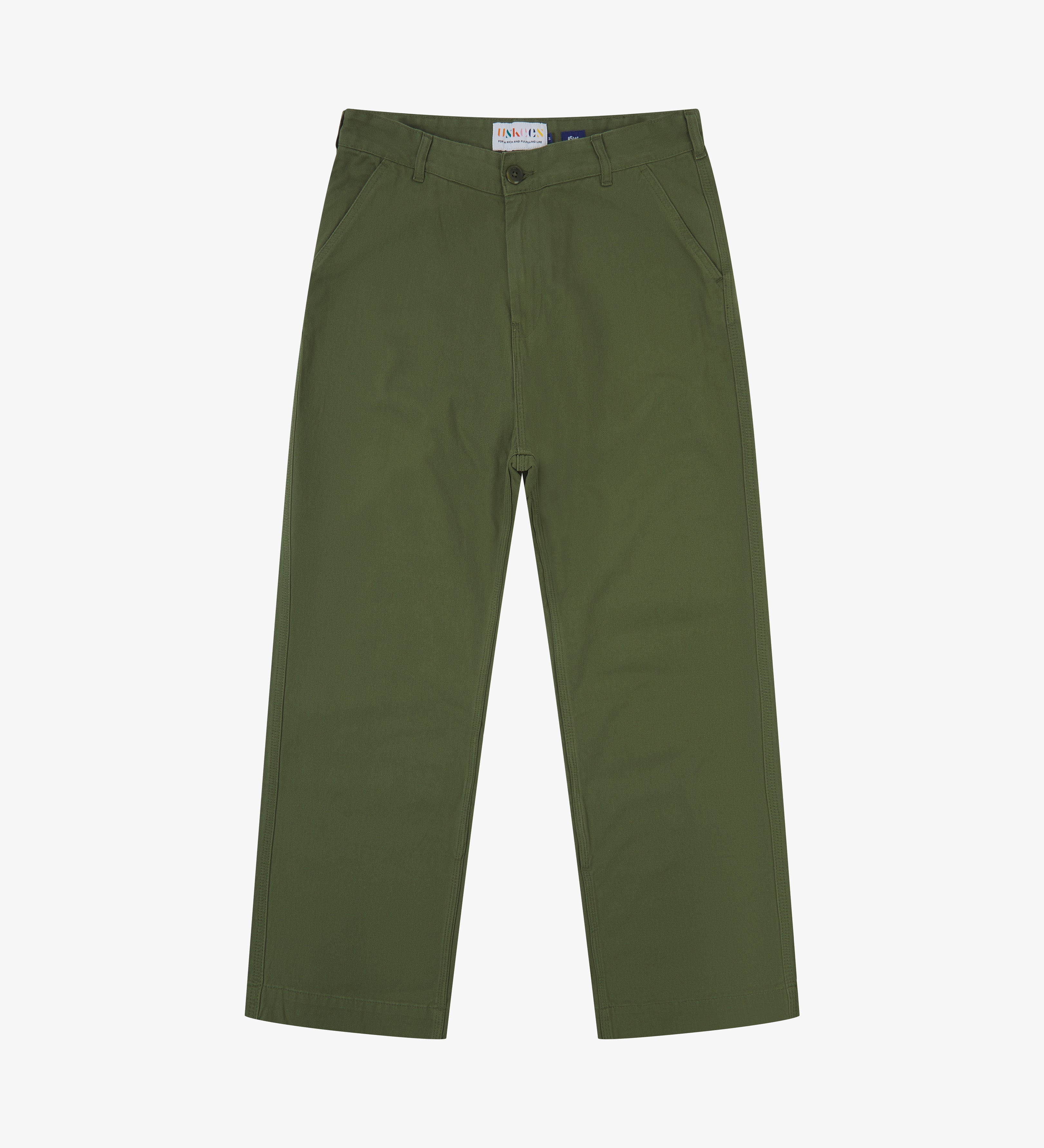 Front flat view of 5016 Uskees men's organic twill coriander-green 'commuter' trousers showing the reinforced inseam and straight leg silhouette.