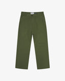 Front flat view of 5016 Uskees men's organic twill coriander-green 'commuter' trousers showing the reinforced inseam and straight leg silhouette.