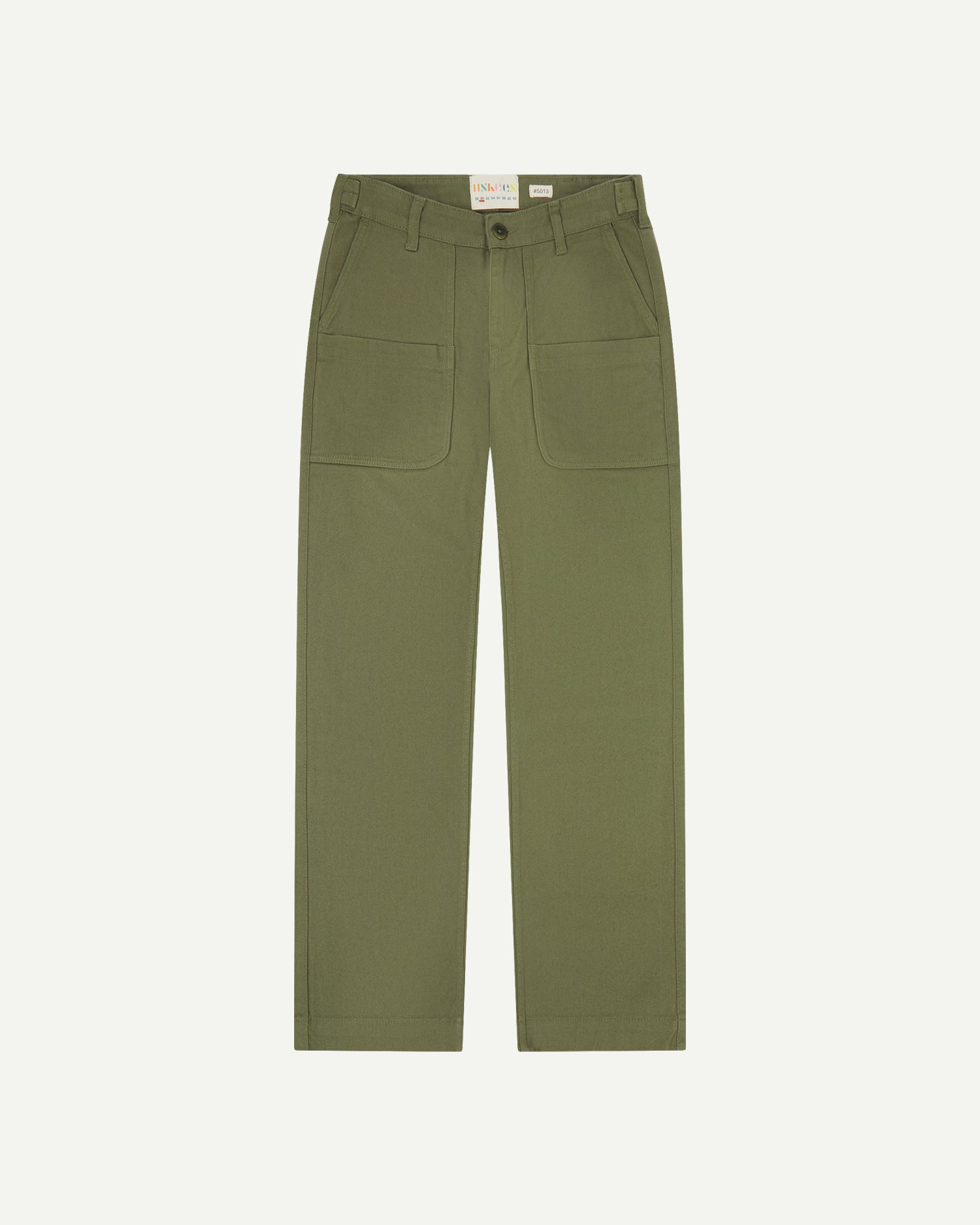 Flat shot of uskees moss drill trousers for men showing label at waistband