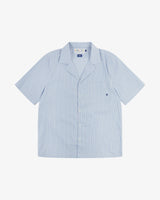 Front flat view of Uskees short-sleeve button front  shirt for men in pale blue and gold stripes. 