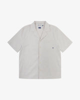 Front flat view of an Uskees men's short sleeve button front shirt in cream.