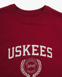 Front close up shot of a men's red graphic t-shirt with 'USKEES' logo on the front. Presented on a white background