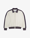 Front flat view of an Uskees cream bomber jacket with burgundy accents on a white background