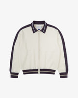 Front flat view of an Uskees cream bomber jacket with burgundy accents on a white background