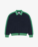 Front flat view of an Uskees navy blue zip front jacket with green accents, presented on a white background.