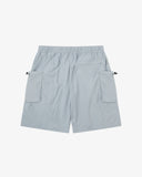 Back flat view of Uskees pale blue trekking shorts for men showing multiple pockets presented on a white background
