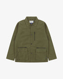 Front flat shot of green men's utility jacket with zippers and pockets on a white background