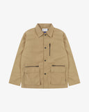 Beige utility acket with black poppers and zipped pockets on a white background