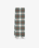 Flat shot of an Uskees tartan lambswool scarf folded showing the fringe and brand label on a white background.
