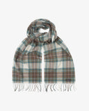 Uskees tartan lambswool scarf knotted showing the fringe and brand label on a white background.