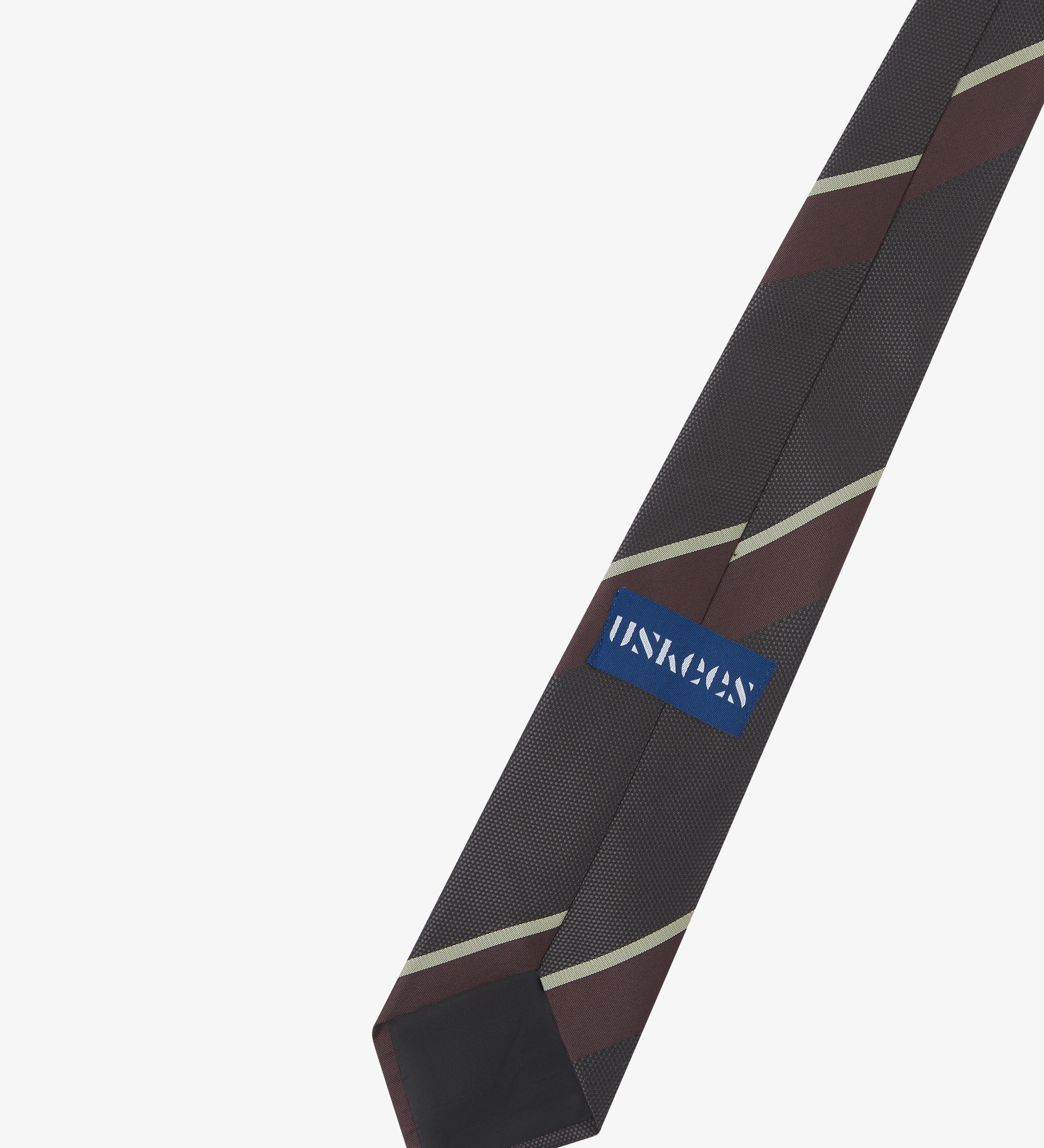 Back view of charcoal striped tie showing the Uskees brand label