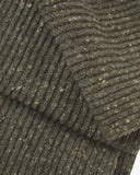 Close up shot of an Uskees Army Green, unisex ribbed scarf, showing the speckled colours