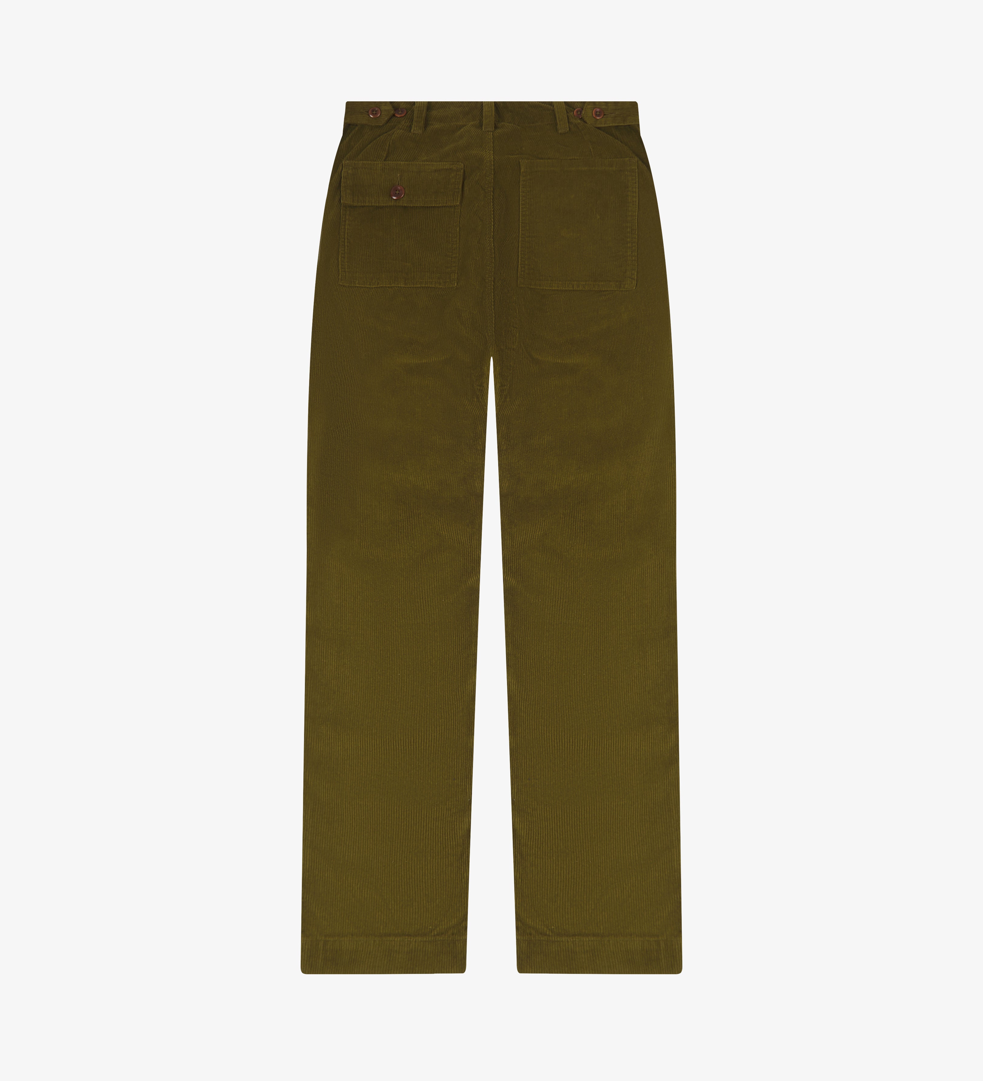 Back view of uskees Woodland Green corduroy pants on a white background