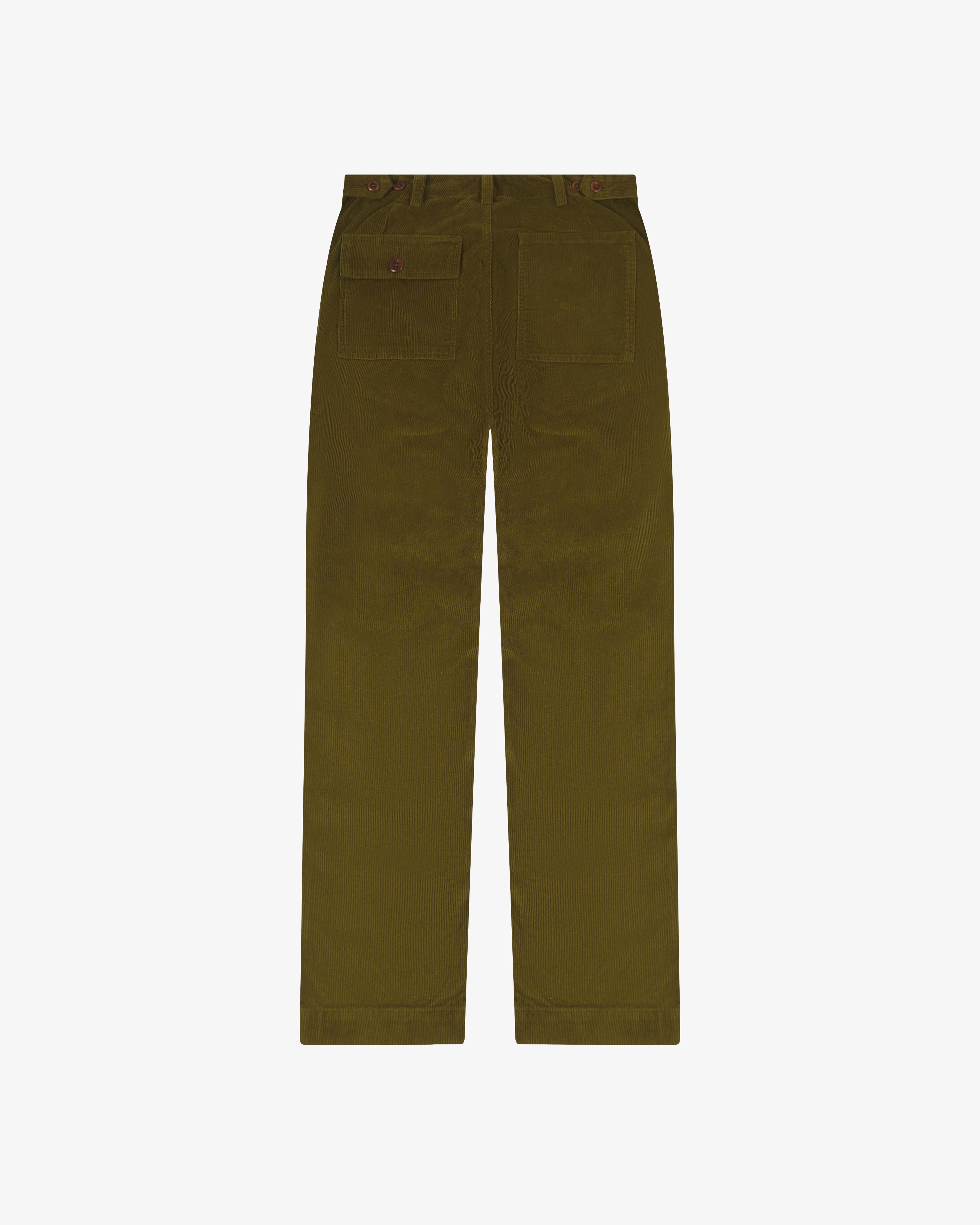 Back view of uskees Woodland Green corduroy pants on a white background