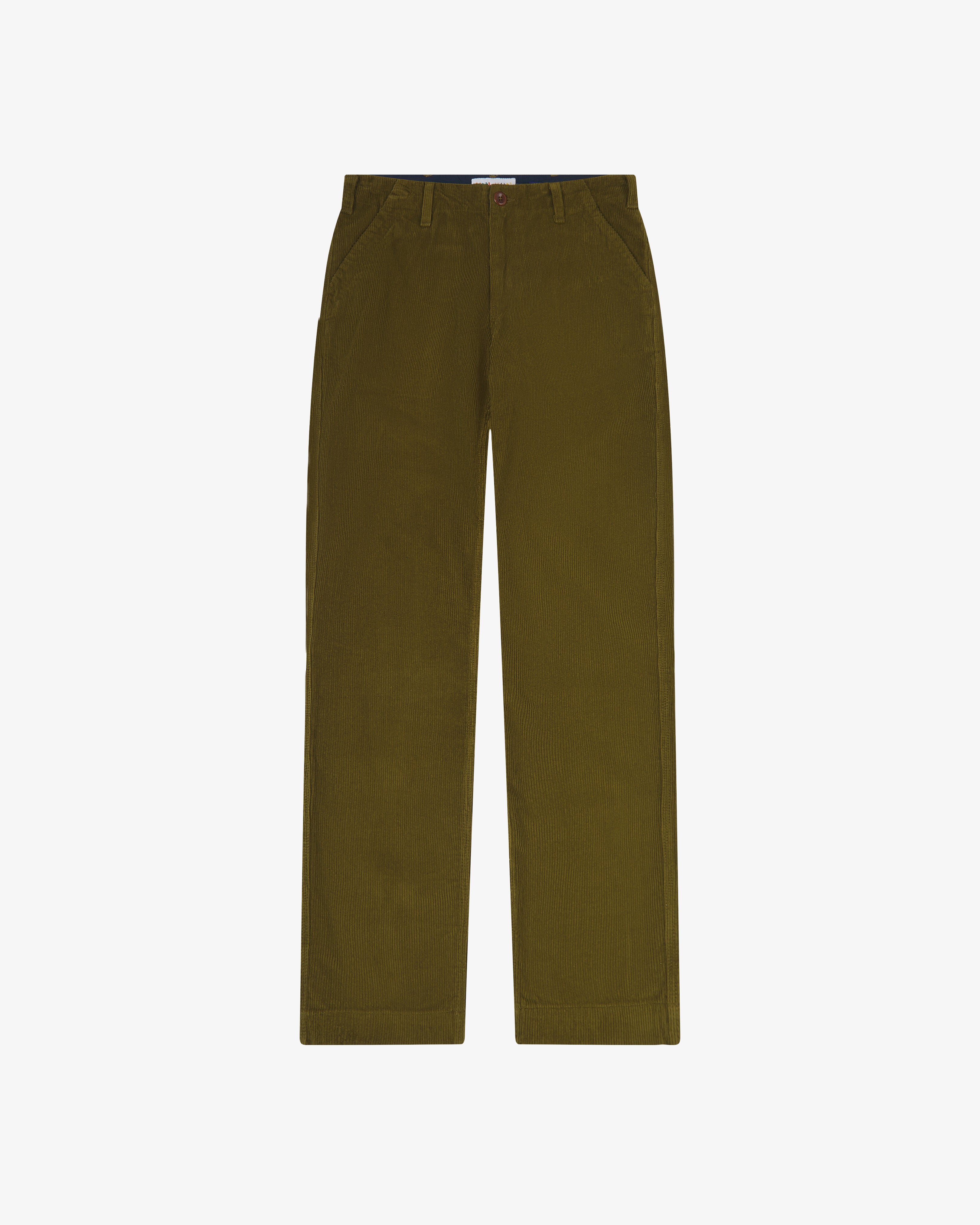 Uskees Woodland Green corduroy trousers on a white background