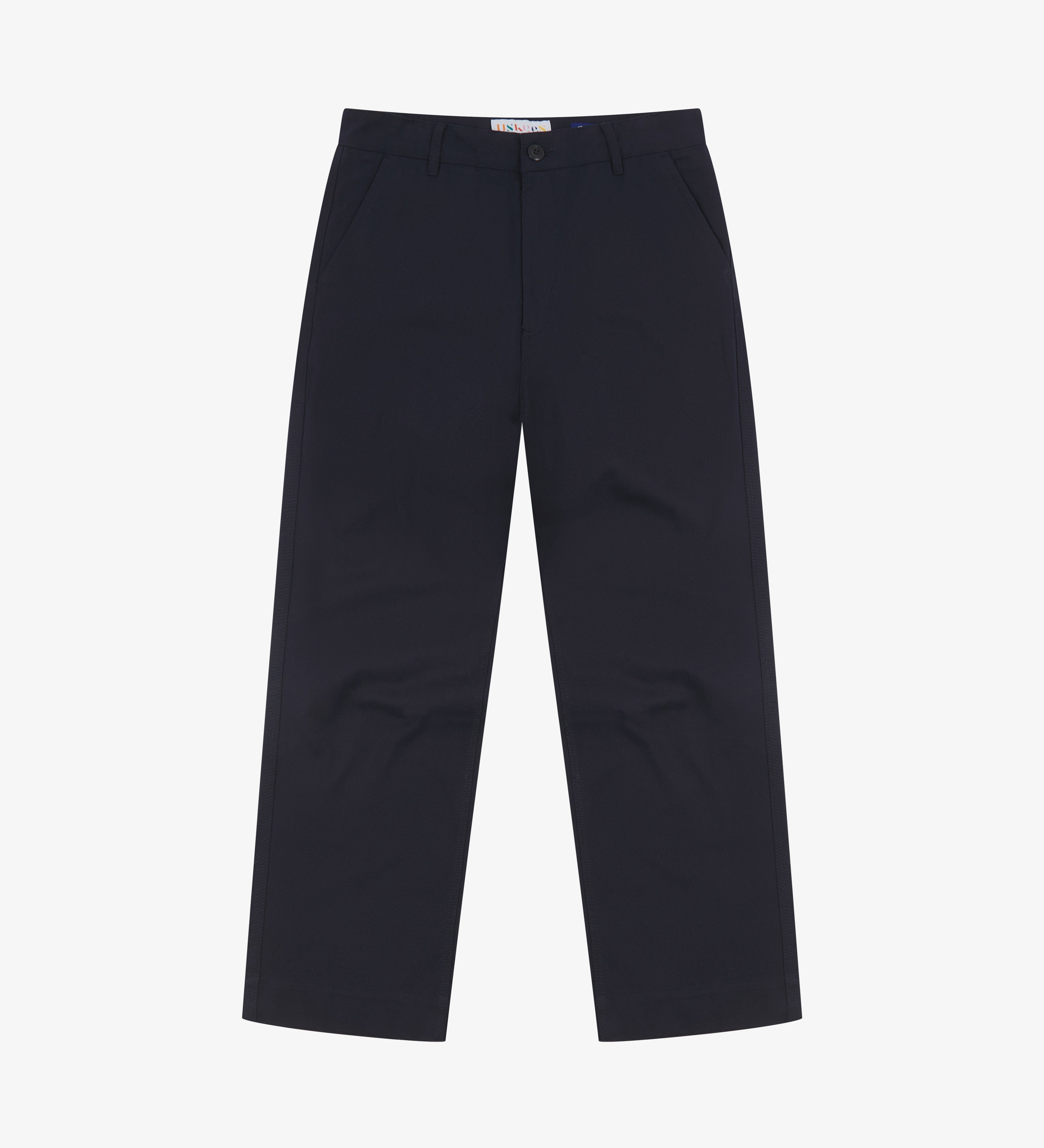 Front view of Uskees dark blue pants on a white background