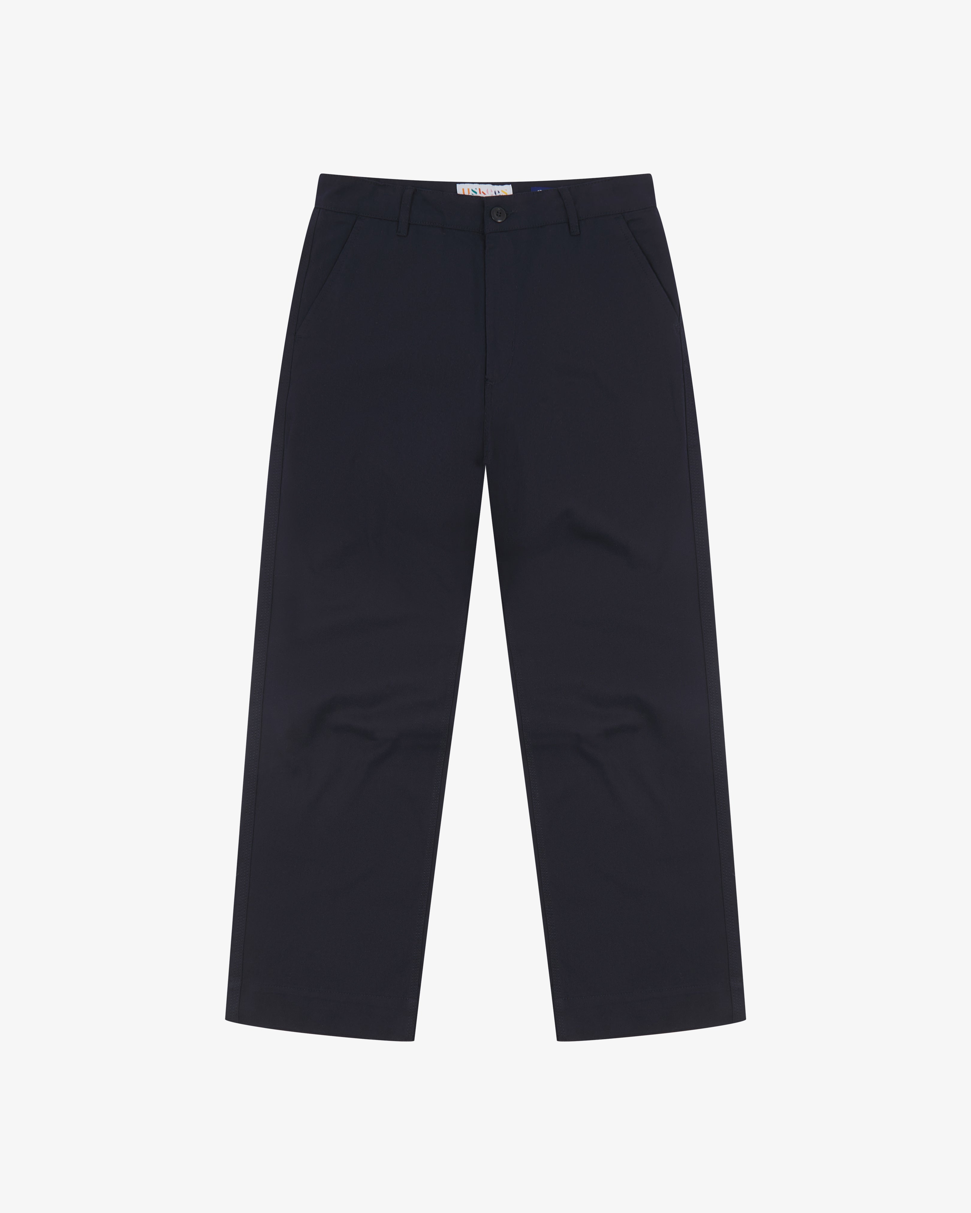 Front view of Uskees dark blue pants on a white background