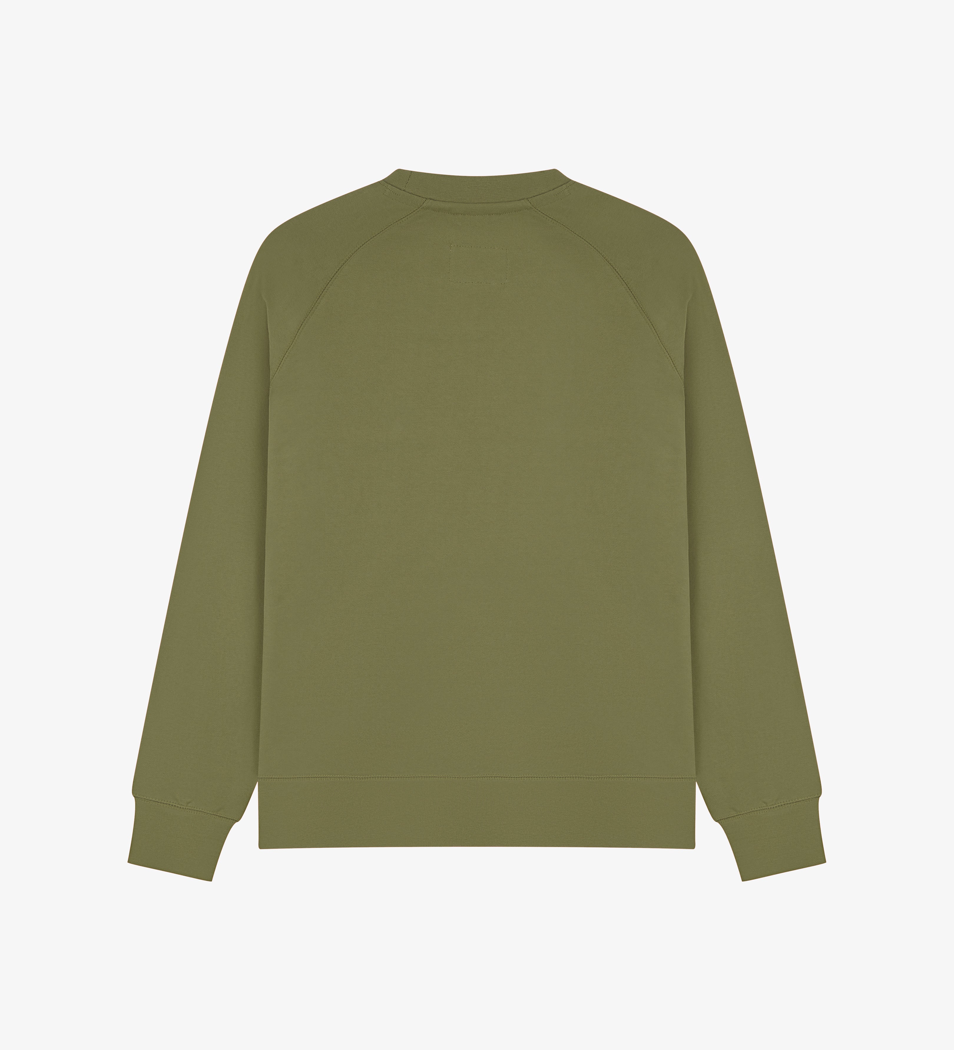 Back view of Uskees Herb Green sweatshirt on a white background