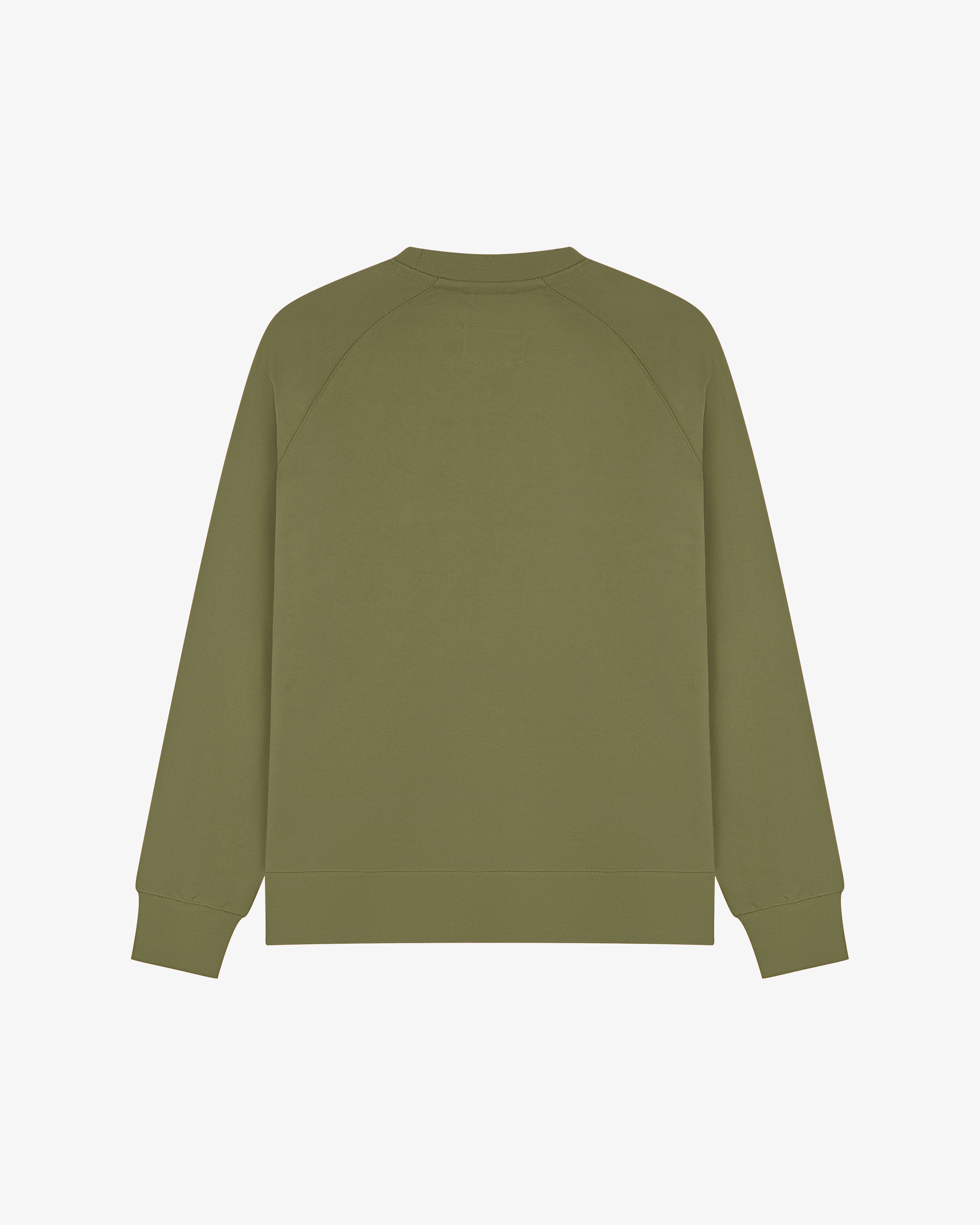 Back view of Uskees Herb Green sweatshirt on a white background