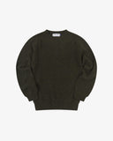 Front flat shot of Uskees dark green speckled wool sweater on a white background.