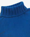 Close up of shot Uskees ultra blue roll neck sweater for men showing the ribbed neckline