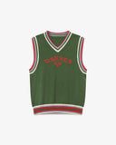 Front view of a men's bright green sleeveless sweater vest with 'USKEES' branding on the front in red